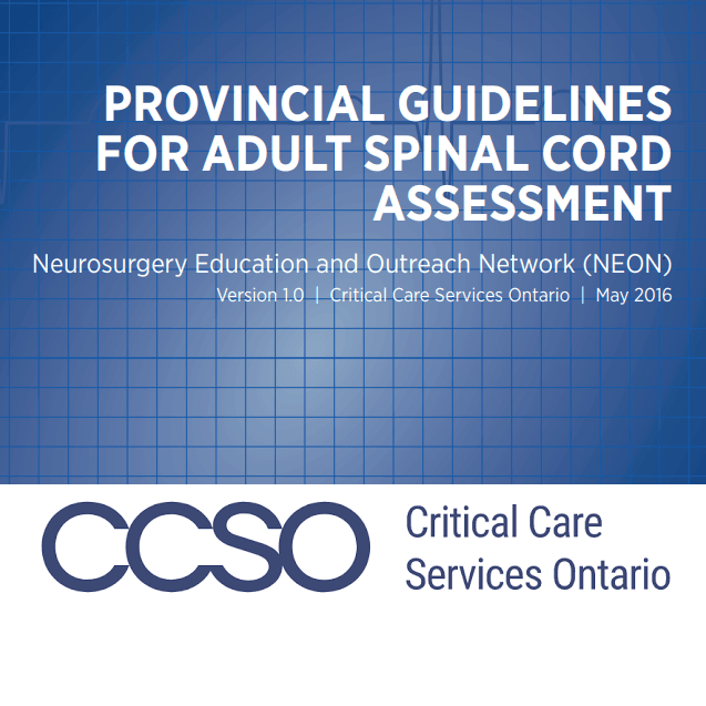 Blue and white thumbnail with main title: PROVINCIAL GUIDELINES FOR ADULT SPINAL CORD ASSESSMENT. From Critical Care Serivices Ontario
